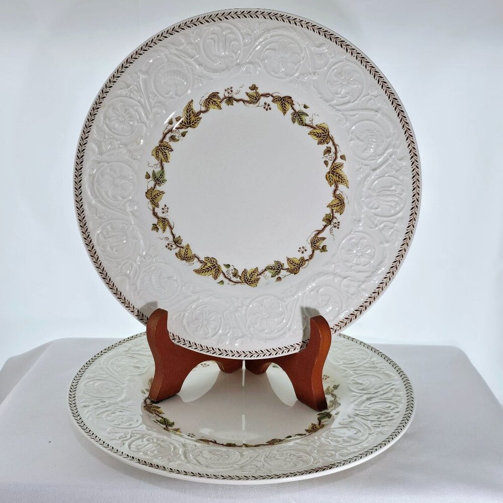 2 Wedgwood Golden Ivy Dinner Plates 10.5" Laurel Rim raised relief England